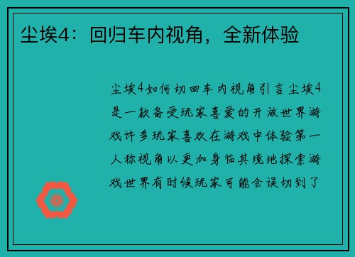 尘埃4:回归车内视角,全新体验