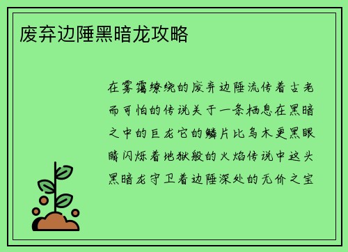 废弃边陲黑暗龙攻略